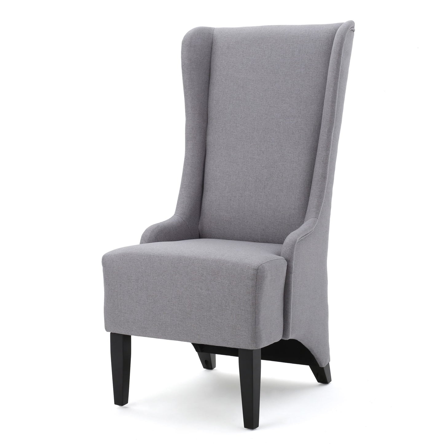 The Alight Upholstered Dining Chair set features high backs, light gray fabric, curved arms, and dark birch wood legs, displayed against a white background.