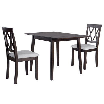 A 3 Piece Kitchen Dining Set features a drop leaf dining table and 2 upholstered chairs with crisscross backrests and light gray cushions, ideal for small spaces, displayed against a plain white background.