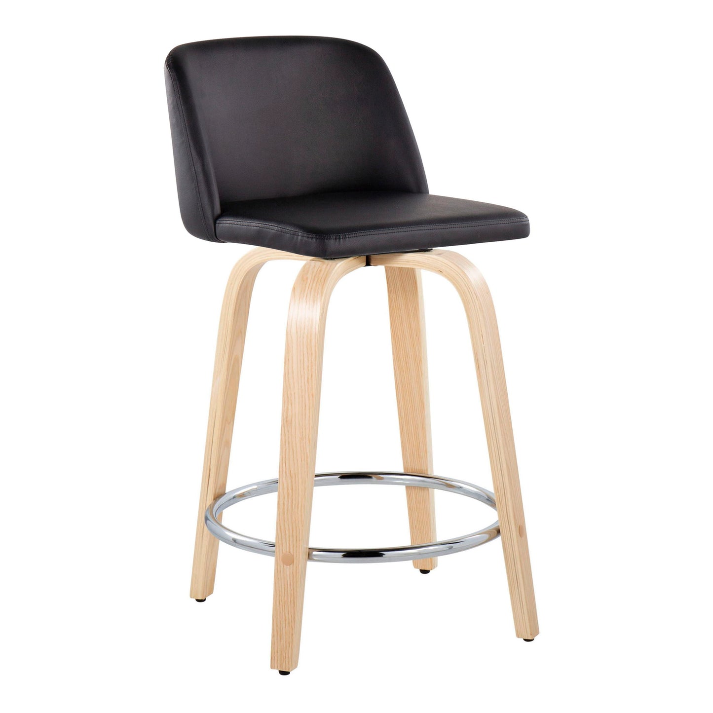 The Toriano Contemporary Fixed Height Counter Stool set features black cushioned seats and backrests, light wood curved legs, and a round chrome footrest. Set of 2 with swivel function included.