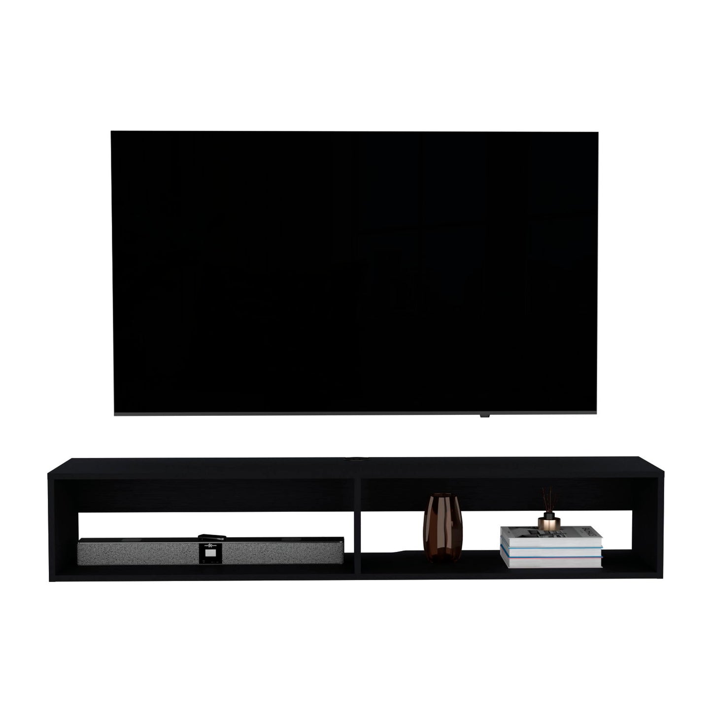 A wall-mounted flat-screen TV is positioned above the Moore Floating TV Stand, which features open shelves displaying a small tray, a decorative vase, a candle, and stacked books.