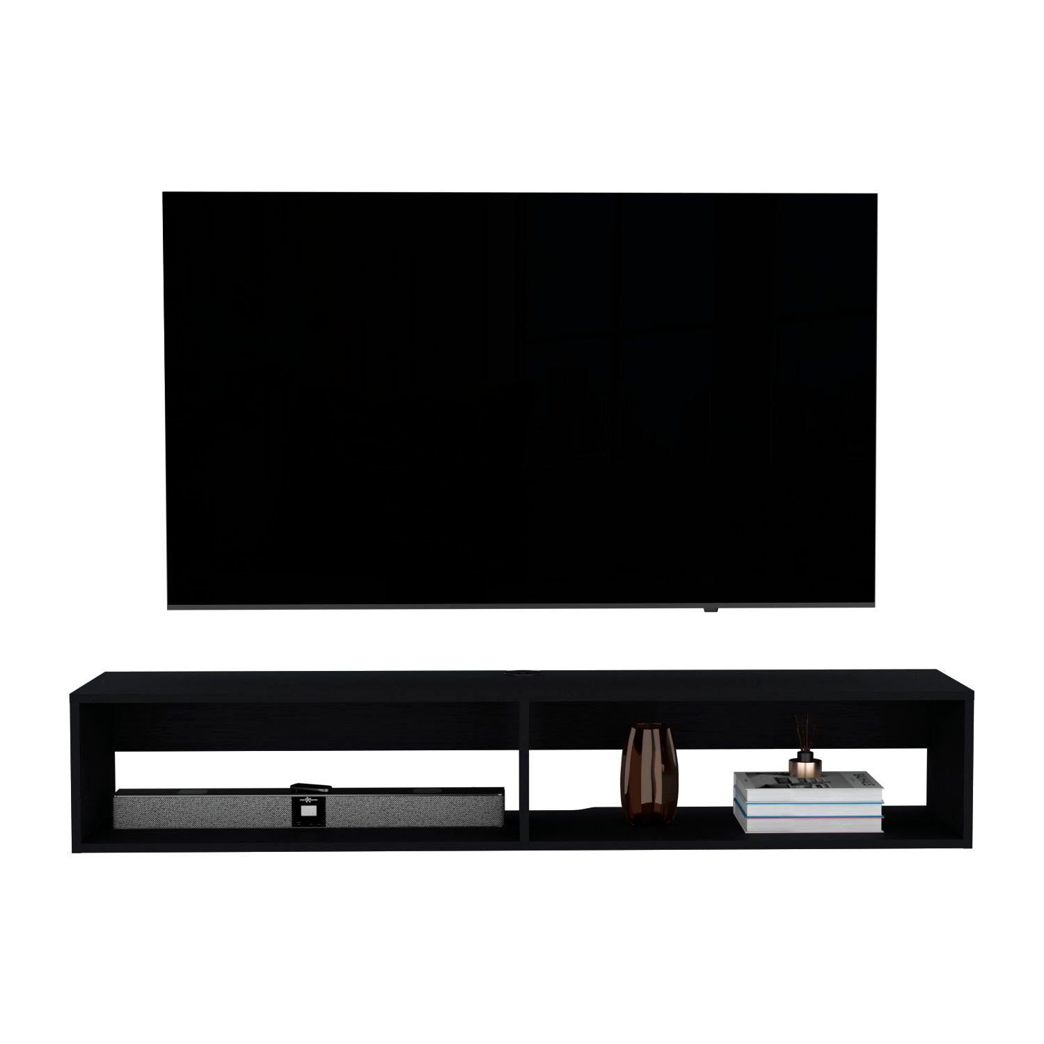 A wall-mounted flat-screen TV is positioned above the Moore Floating TV Stand, which features open shelves displaying a small tray, a decorative vase, a candle, and stacked books.