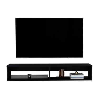 A wall-mounted flat-screen TV is positioned above the Moore Floating TV Stand, which features open shelves displaying a small tray, a decorative vase, a candle, and stacked books.