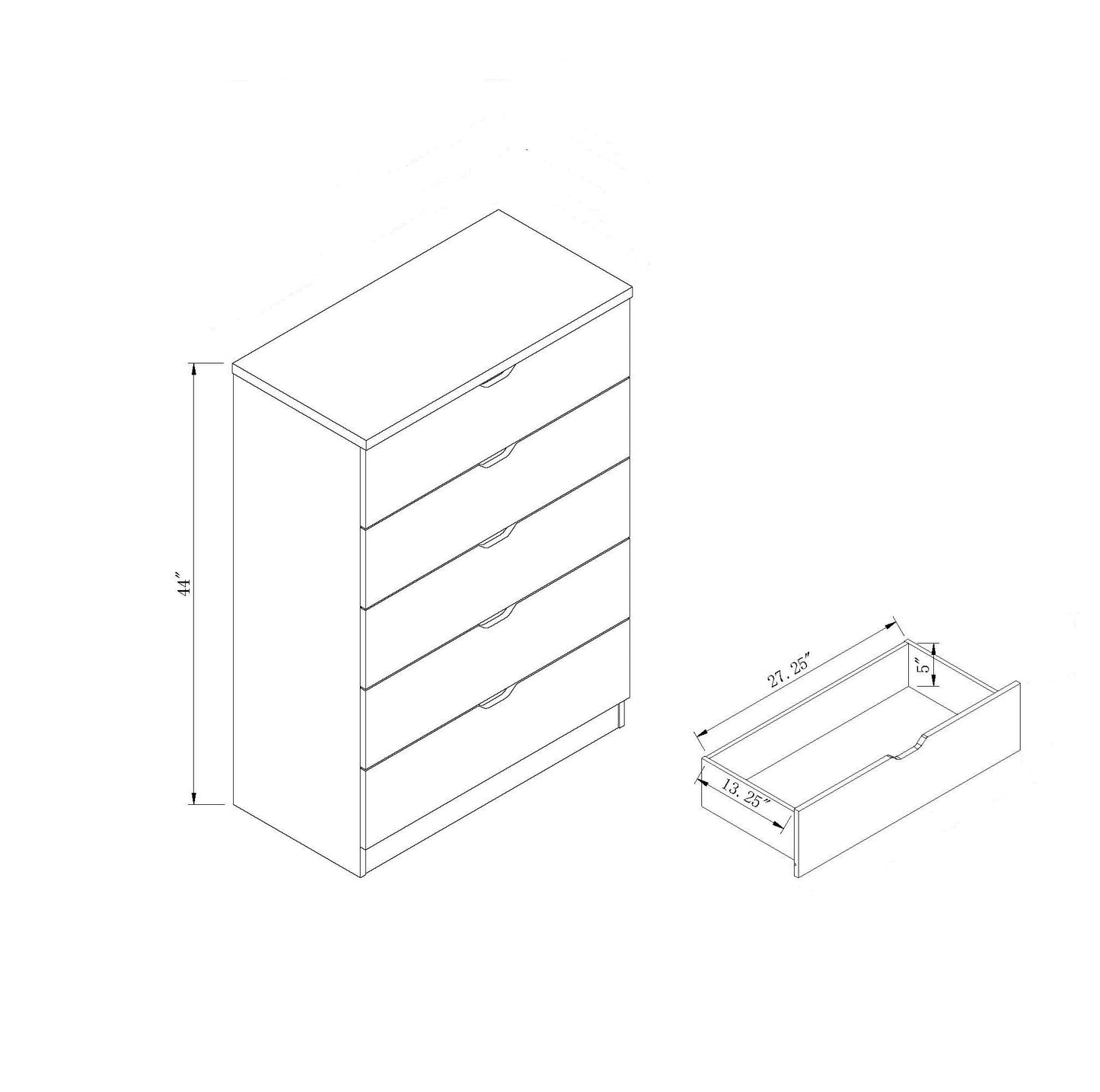 Line drawing of the 5 Drawer Bedroom Chest Dresser, Distressed Wood Cabinet, with a detailed view highlighting a single drawer. Dresser height: 41"; drawer size: 27.25"W x 13.38"D x 6"H.