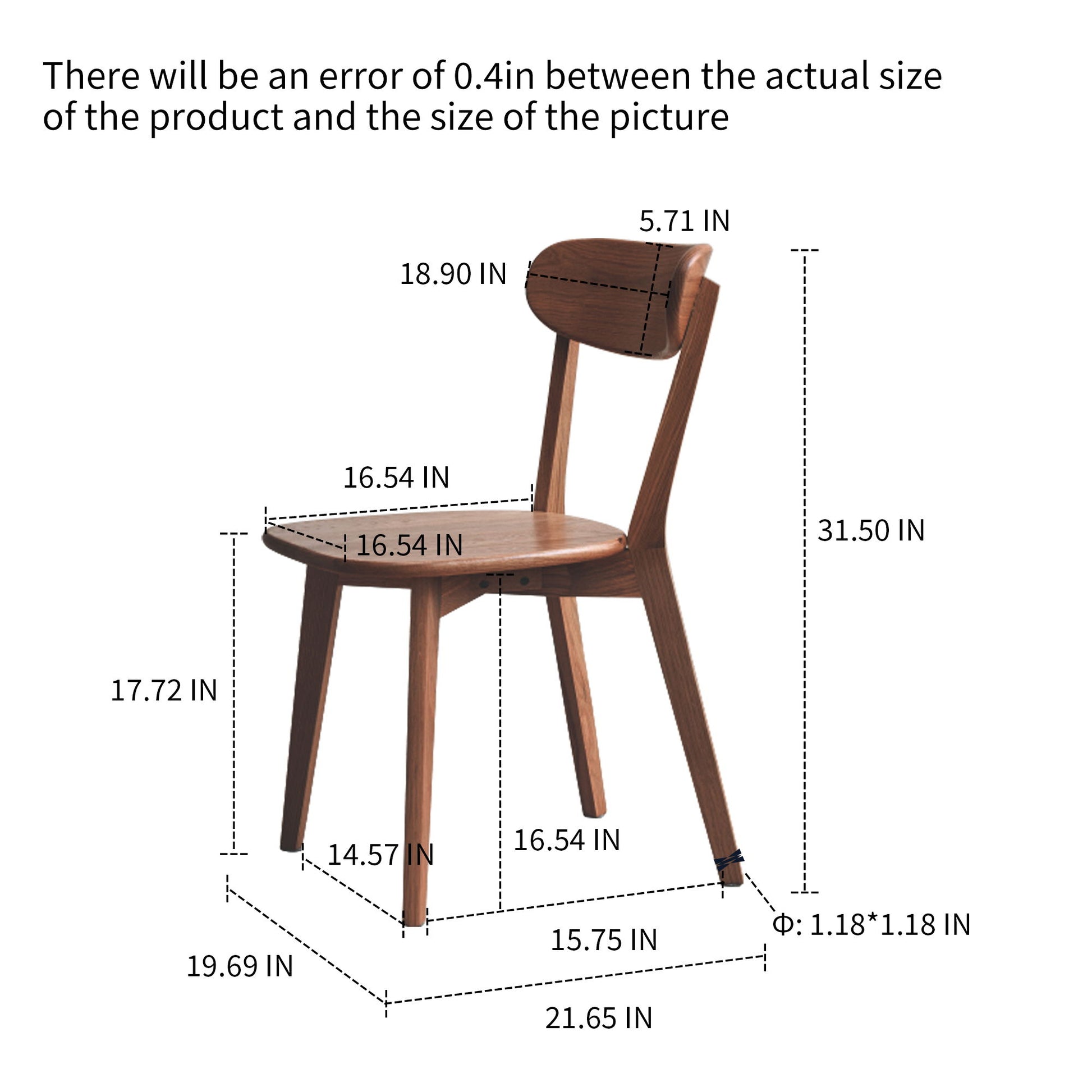 The Simple Dining Chair, Solid Chair Table for Living Room Chair features labeled dimensions in inches for seat height, width, depth, backrest width, and overall height. Please note a possible 0.4-inch difference between product and picture sizes.