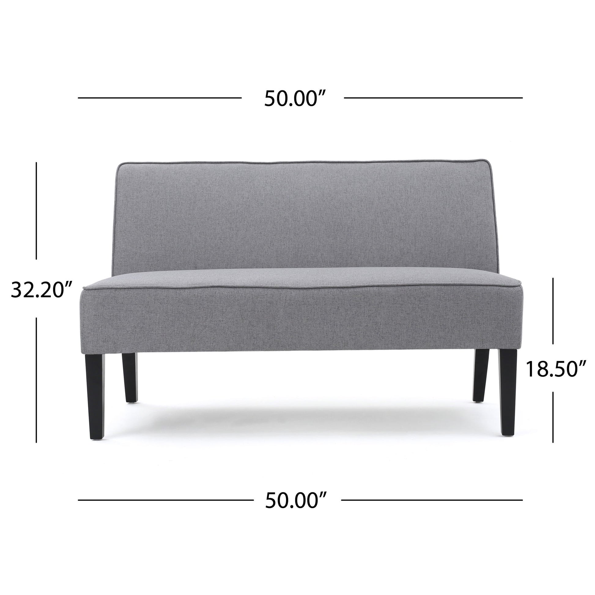 The Contemporary Loveseat With Upholstered Fabric And Birch Wood Legs is shown from the front in gray, featuring black legs. Dimensions: 50.00" wide, 32.20" high, and a seat height of 18.50".