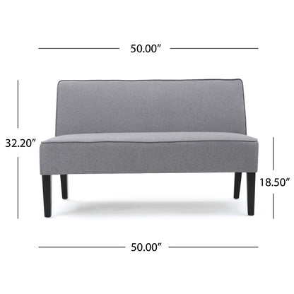 The Contemporary Loveseat With Upholstered Fabric And Birch Wood Legs is shown from the front in gray, featuring black legs. Dimensions: 50.00" wide, 32.20" high, and a seat height of 18.50".
