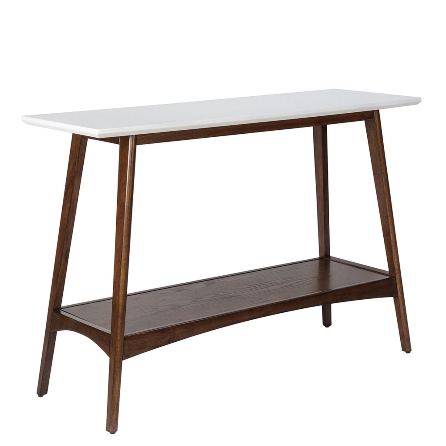 The Modern Table With Extra Storage features a white rectangular top, angled wooden legs, and a dark wood lower shelf, combining minimalist design and mid-century style with added storage space.