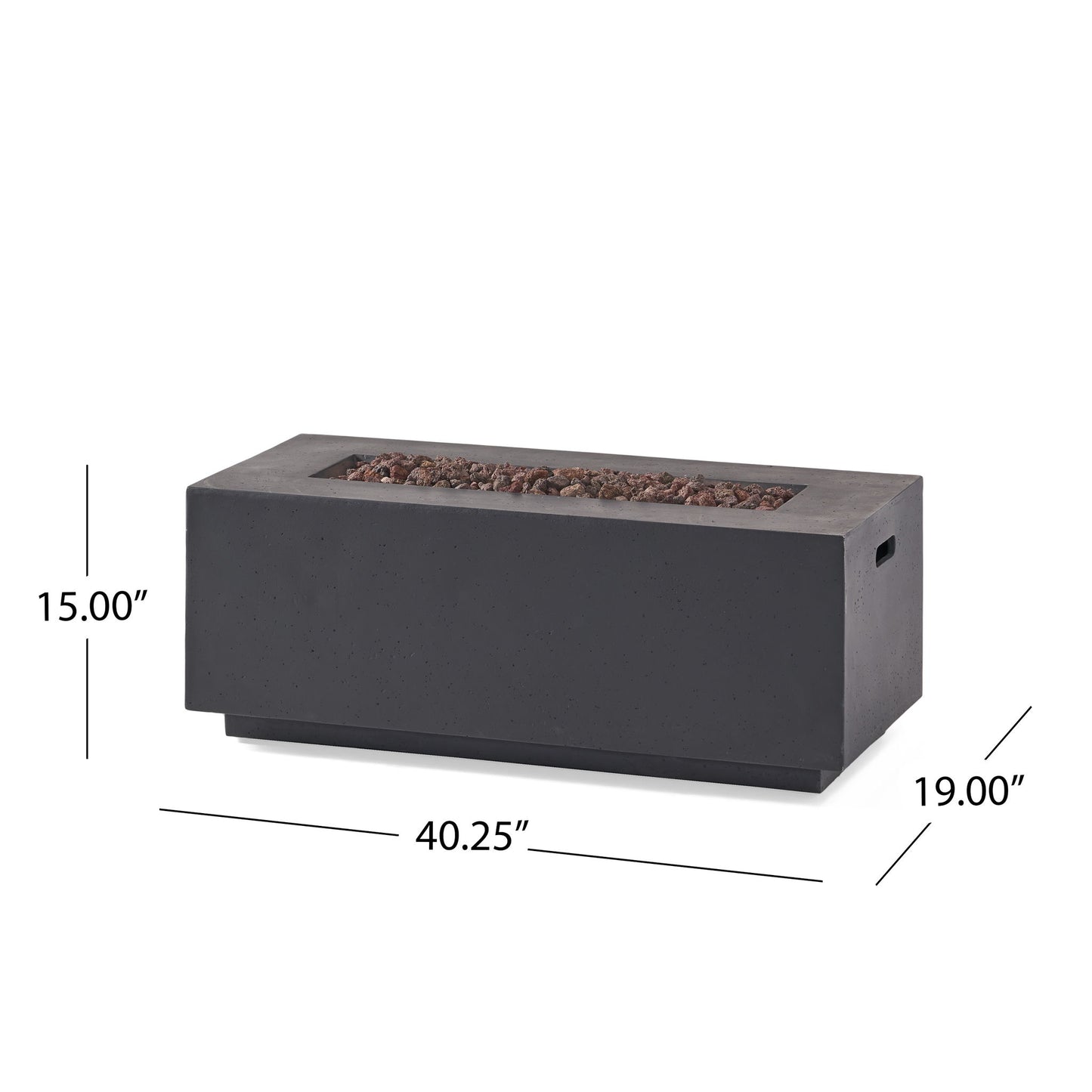 The Contemporary Outdoor 40,000 Btu Propane Fire Pit is a rectangular black table with side handles, a recessed stone-filled center, and measures 15" tall, 40.25" wide, and 19" deep.
