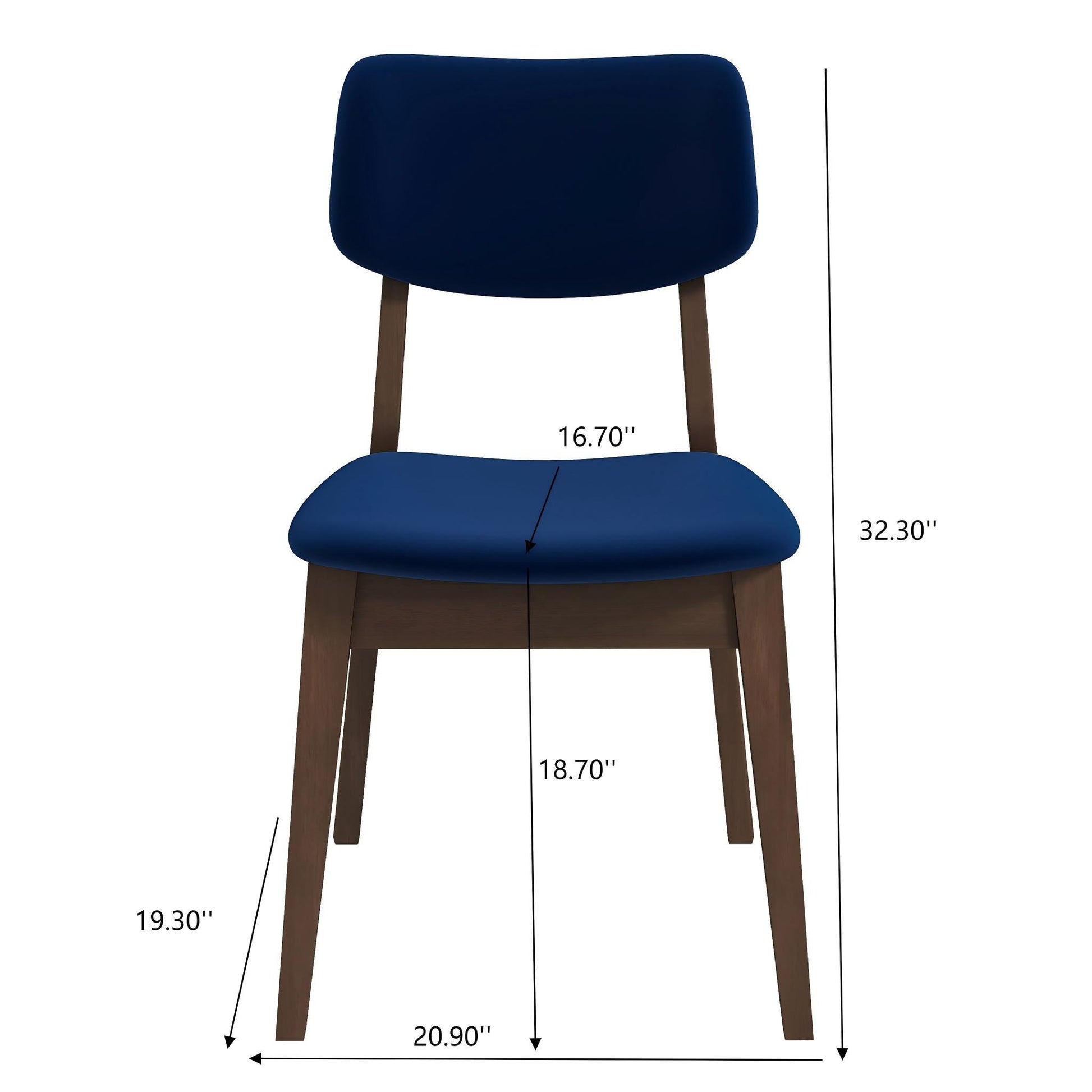The Carlos - Solid Back Side Chair (Set of 2) features a modern wooden frame with a dark blue cushioned seat and backrest. Dimensions: height 32.3", width 20.9", depth 19.3", seat width 16.7", seat depth 18.7".