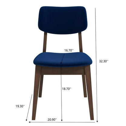 The Carlos - Solid Back Side Chair (Set of 2) features a modern wooden frame with a dark blue cushioned seat and backrest. Dimensions: height 32.3", width 20.9", depth 19.3", seat width 16.7", seat depth 18.7".