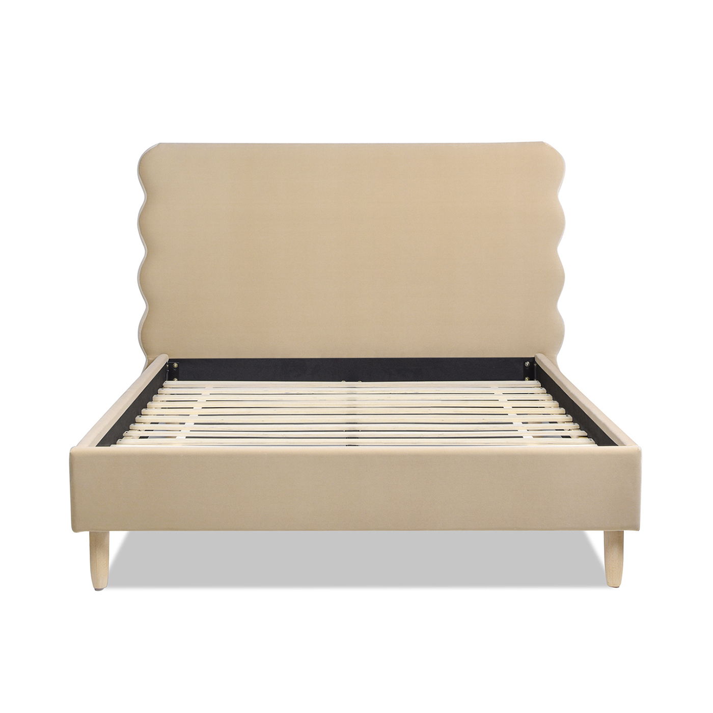 The Stockholm - Modern Wavy Headboard Platform Bed features a beige upholstered frame with a unique wavy-edged headboard and sturdy wooden slats, displayed from the front against a white background.