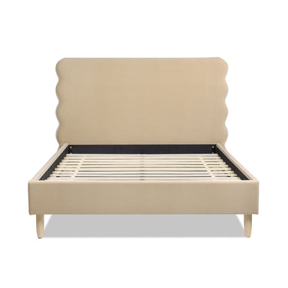 The Stockholm - Modern Wavy Headboard Platform Bed features a beige upholstered frame with a unique wavy-edged headboard and sturdy wooden slats, displayed from the front against a white background.