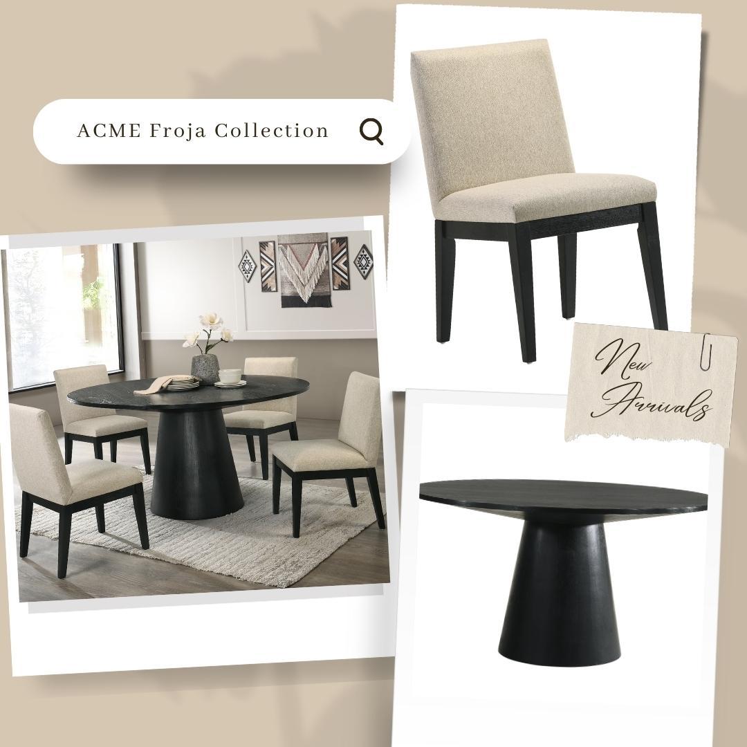 Collage featuring the Froja Manufactured Wood Round Dining Table in black, paired with beige upholstered dining chairs with black legs in a modern dining room. Text reads “New Arrivals.”.