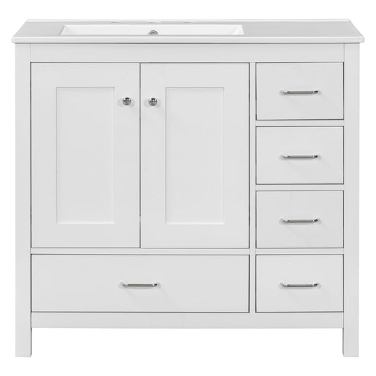 Bathroom Vanity With Ceramic Sink Combo, Abundant Storage Cabinet 2 Soft Close Doors And 5 Drawers