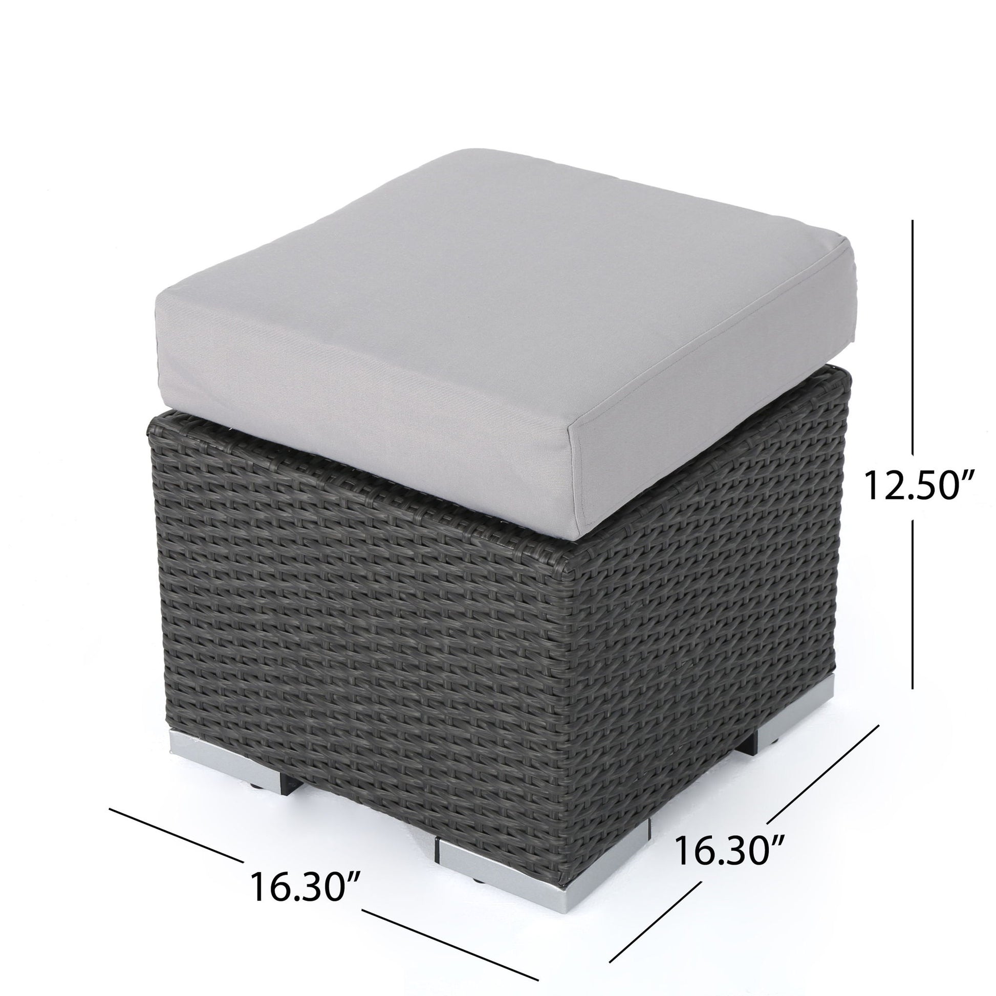 The Santa Rosa Outdoor Lounge Ottoman features a square design with a gray cushion, dark woven base, and silver feet. It measures 16.3" W x 16.3" D x 12.5" H, perfect for outdoor lounging.