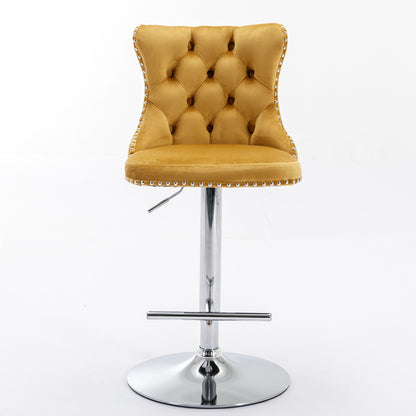 A set of 2 yellow swivel velvet barstools with adjustable seat height (25-33") and chrome base, featuring tufted backs for comfort—perfect for home, pub, or kitchen island.