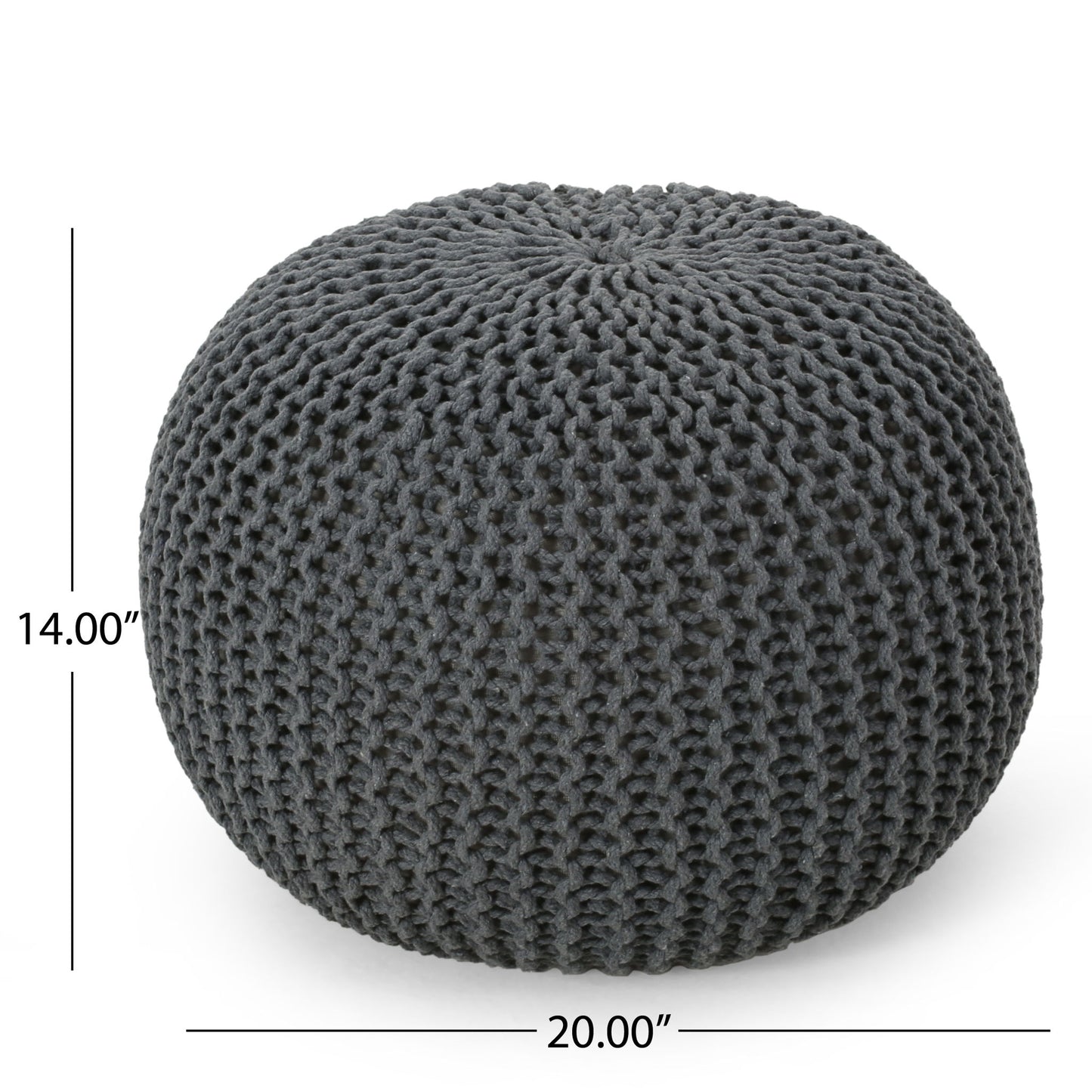 The Bordeaux Knitted Cotton Round Pouf is a dark gray Ottoman and floor cushion, measuring 14" high by 20" wide, shown with labeled dimensions.