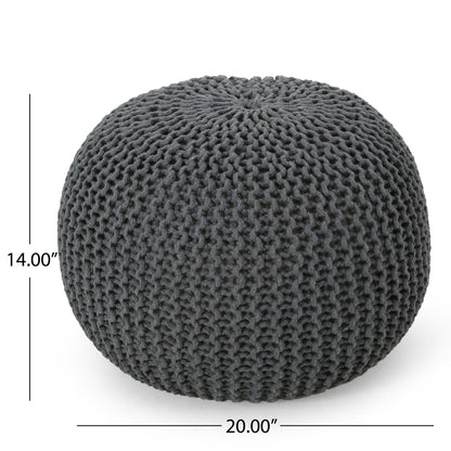 The Bordeaux Knitted Cotton Round Pouf is a dark gray Ottoman and floor cushion, measuring 14" high by 20" wide, shown with labeled dimensions.