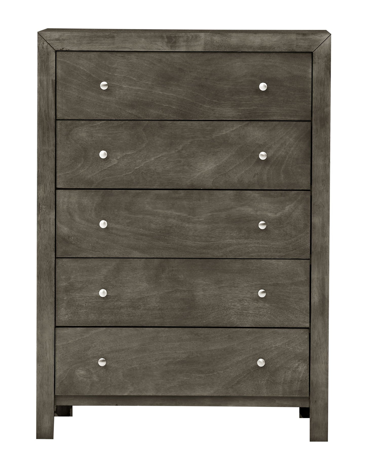 The Modern Elegant Transitional Storage Chest is a tall, gray wooden dresser with five drawers, each featuring two small round silver knobs and a sleek, modern design with clean lines.