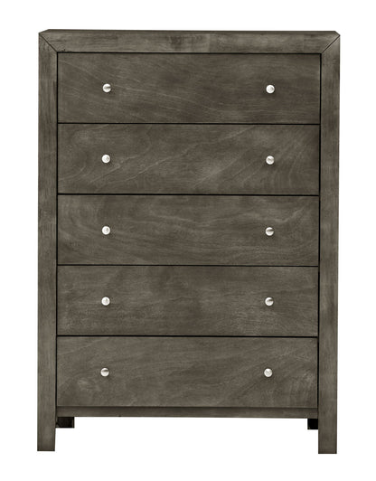 The Modern Elegant Transitional Storage Chest is a tall, gray wooden dresser with five drawers, each featuring two small round silver knobs and a sleek, modern design with clean lines.