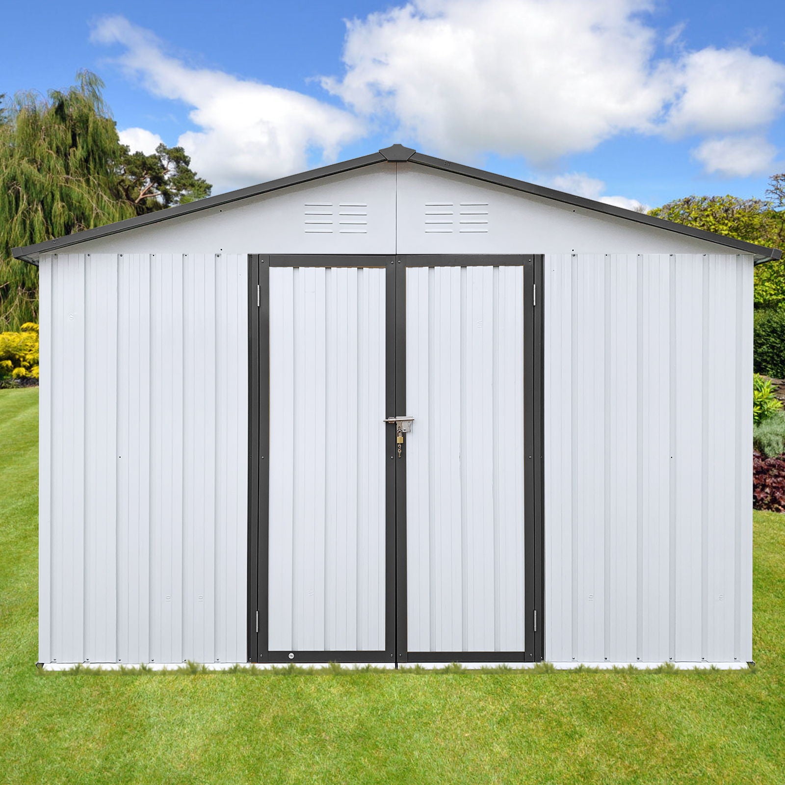 A 10' x 12' Garden Sheds Outdoor Storage Shed with double doors stands on a well-maintained lawn, surrounded by trees and greenery under a partly cloudy sky.