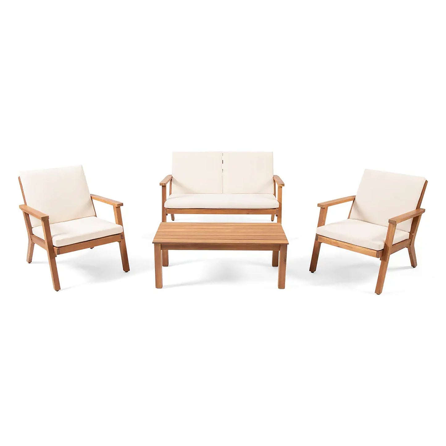 The Avacyn Outdoor Acacia Wood 4 Seater Chat Set with Cushions features two armchairs, a loveseat, and a rectangular coffee table, all shown with cream cushions on a white background.