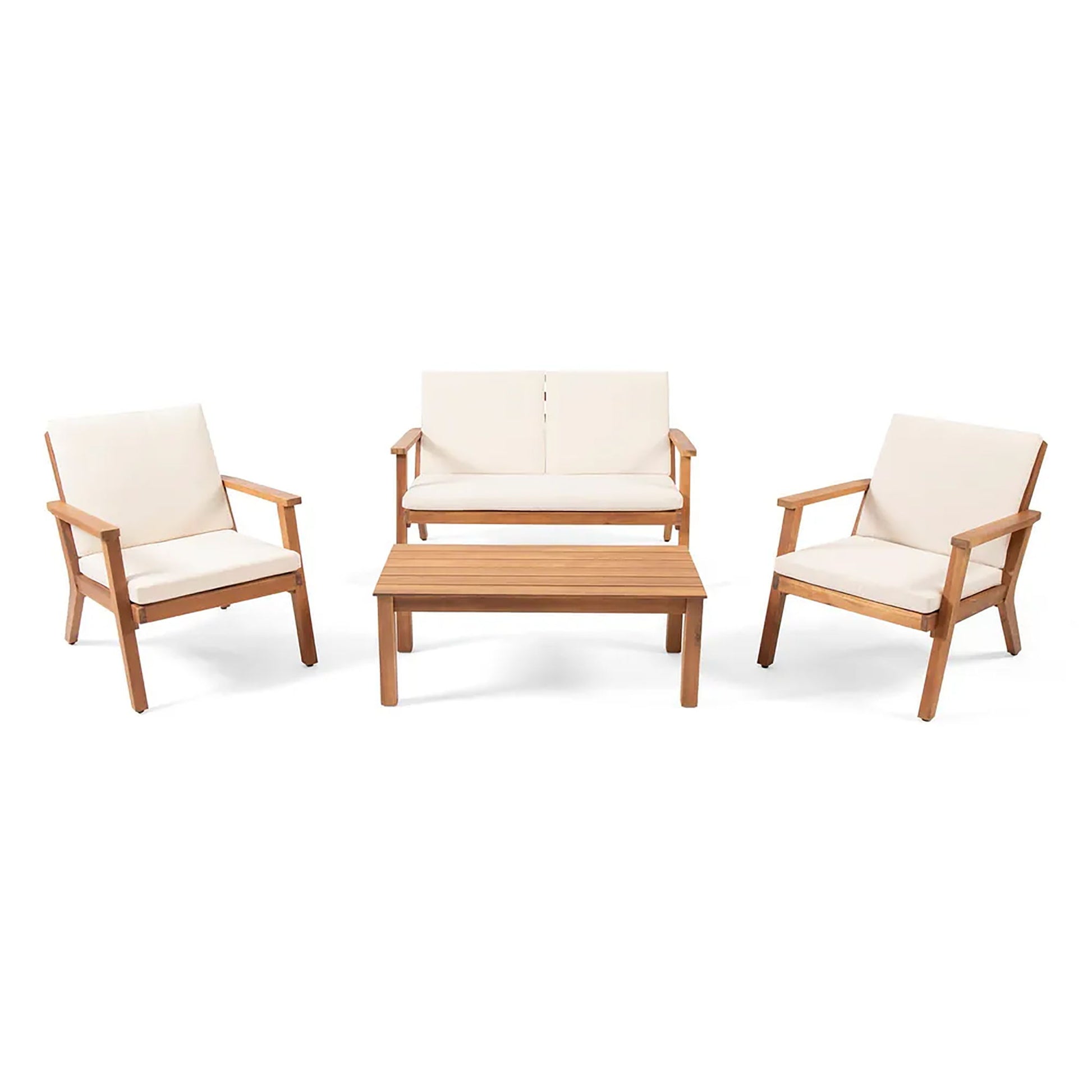The Avacyn Outdoor Acacia Wood 4 Seater Chat Set with Cushions features two armchairs, a loveseat, and a rectangular coffee table, all shown with cream cushions on a white background.