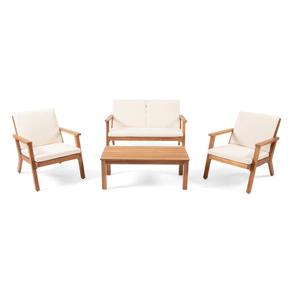 The Avacyn Outdoor Acacia Wood 4 Seater Chat Set with Cushions features two armchairs, a loveseat, and a rectangular coffee table, all shown with cream cushions on a white background.