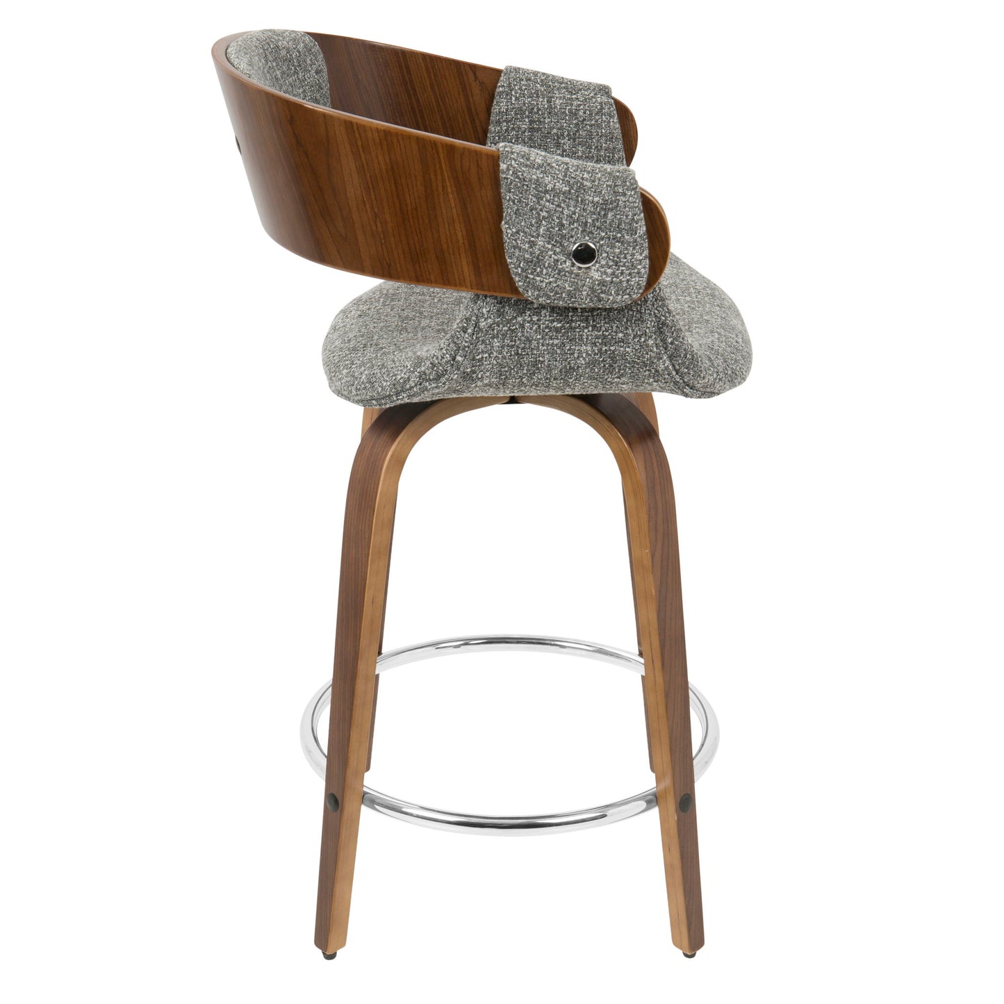 The Elisa - Mid Century Modern Counter Stool (Set of 2) features a curved wooden backrest, gray upholstered seat, wooden legs, and a round chrome footrest; side view highlights its sleek, contemporary style.