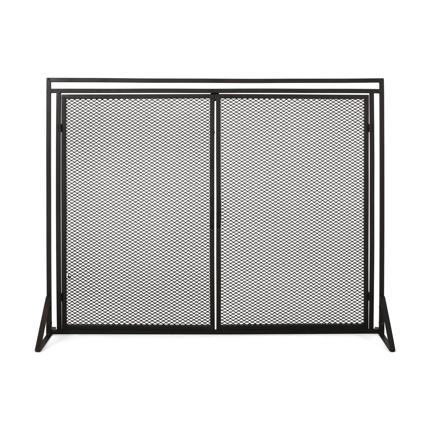 The Samantha Iron Fireplace Screen features a 2-door design with black metal mesh panels and angled legs, shown upright against a white background.