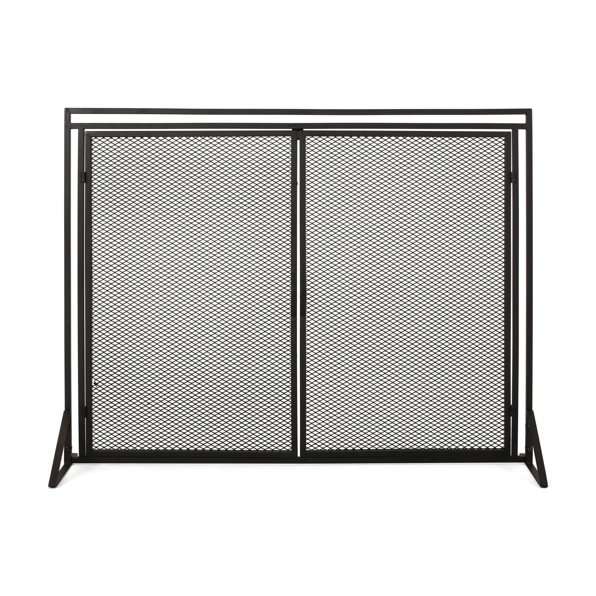 The Samantha Iron Fireplace Screen features a 2-door design with black metal mesh panels and angled legs, shown upright against a white background.