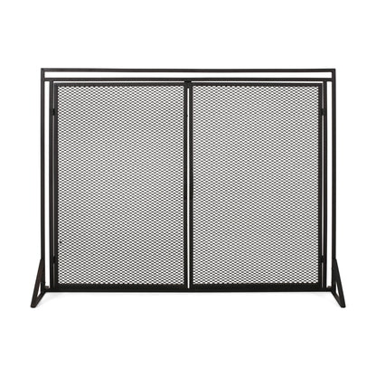 The Samantha Iron Fireplace Screen features a 2-door design with black metal mesh panels and angled legs, shown upright against a white background.