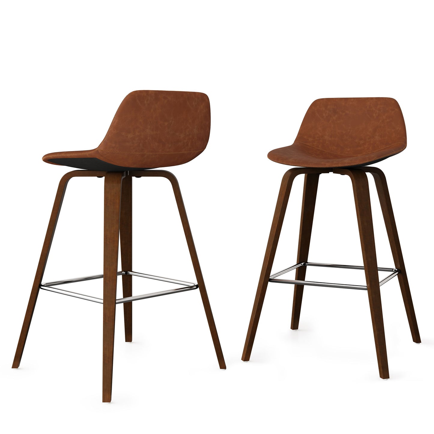 The Randolph Bentwood Counter/Bar Height Stool (Set of 2) features modern brown curved seats, wooden legs, and metal footrests. Both stools are shown side by side against a plain white background.