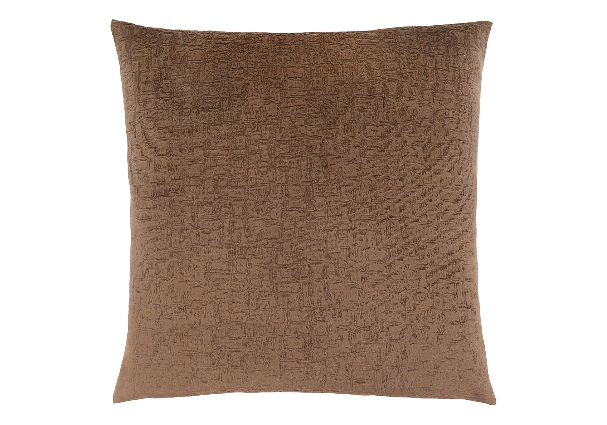 Modern square decorative throw pillow with insert included, shown in brown with a subtle textured pattern against a white background. This hypoallergenic cushion appears soft and plush with a slightly glossy finish.
