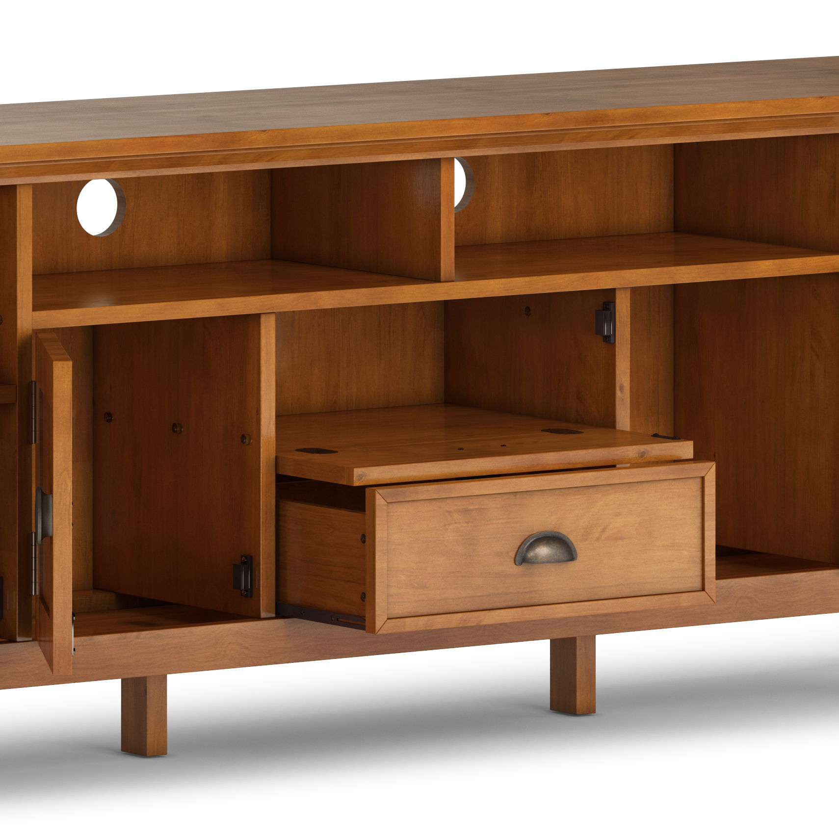 The Redmond - Handcrafted TV Media Stand features open shelves, two cabinets with doors, a central pull-out drawer, round cable management holes on the back panel, and a warm brown finish in a simple, modern style.