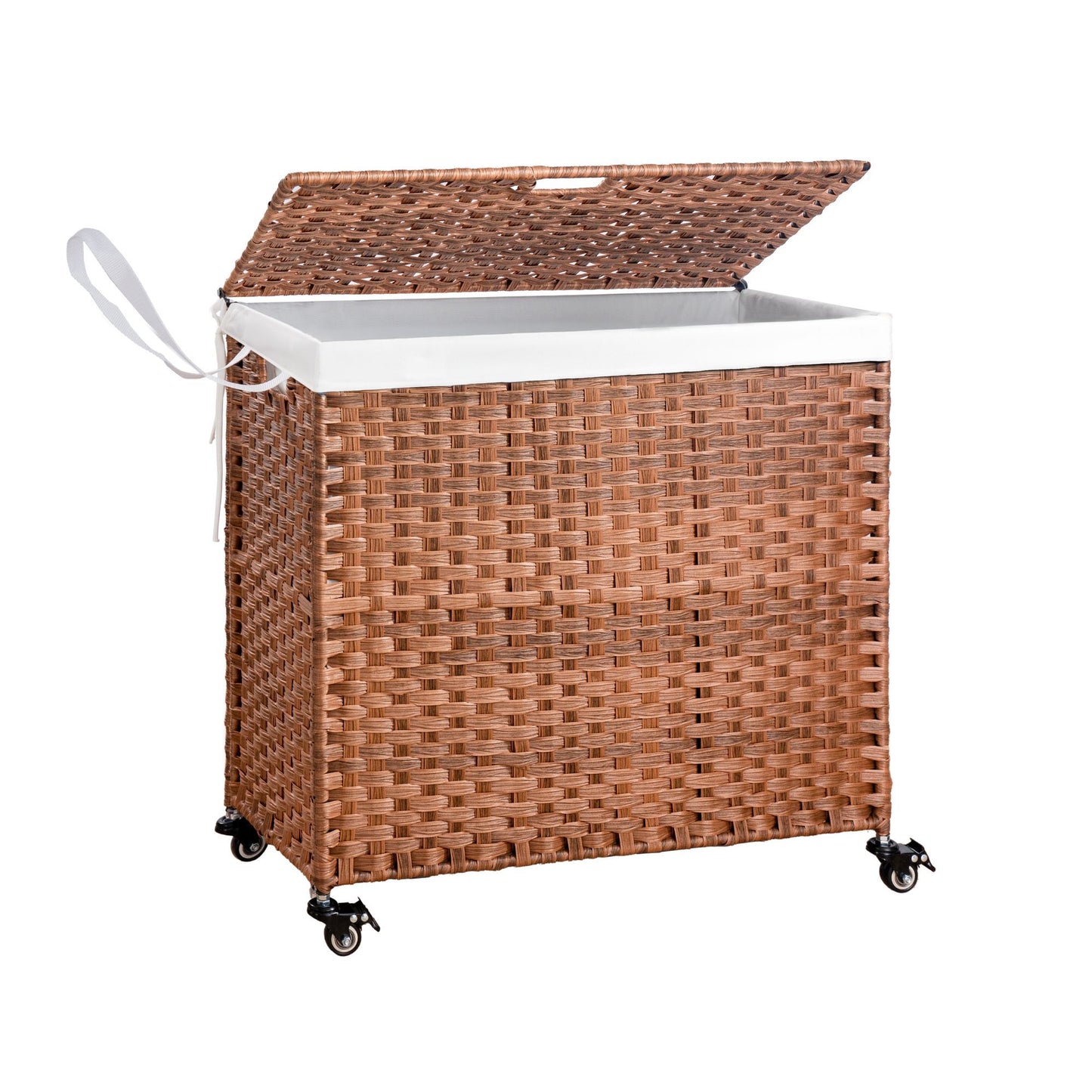 The Laundry Hamper With Lid features a PE rattan design, powder-coated frame, two removable bags, white inner lining, and four black caster wheels for easy mobility. A white fabric handle is attached to one side.