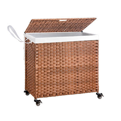 The Laundry Hamper With Lid features a PE rattan design, powder-coated frame, two removable bags, white inner lining, and four black caster wheels for easy mobility. A white fabric handle is attached to one side.