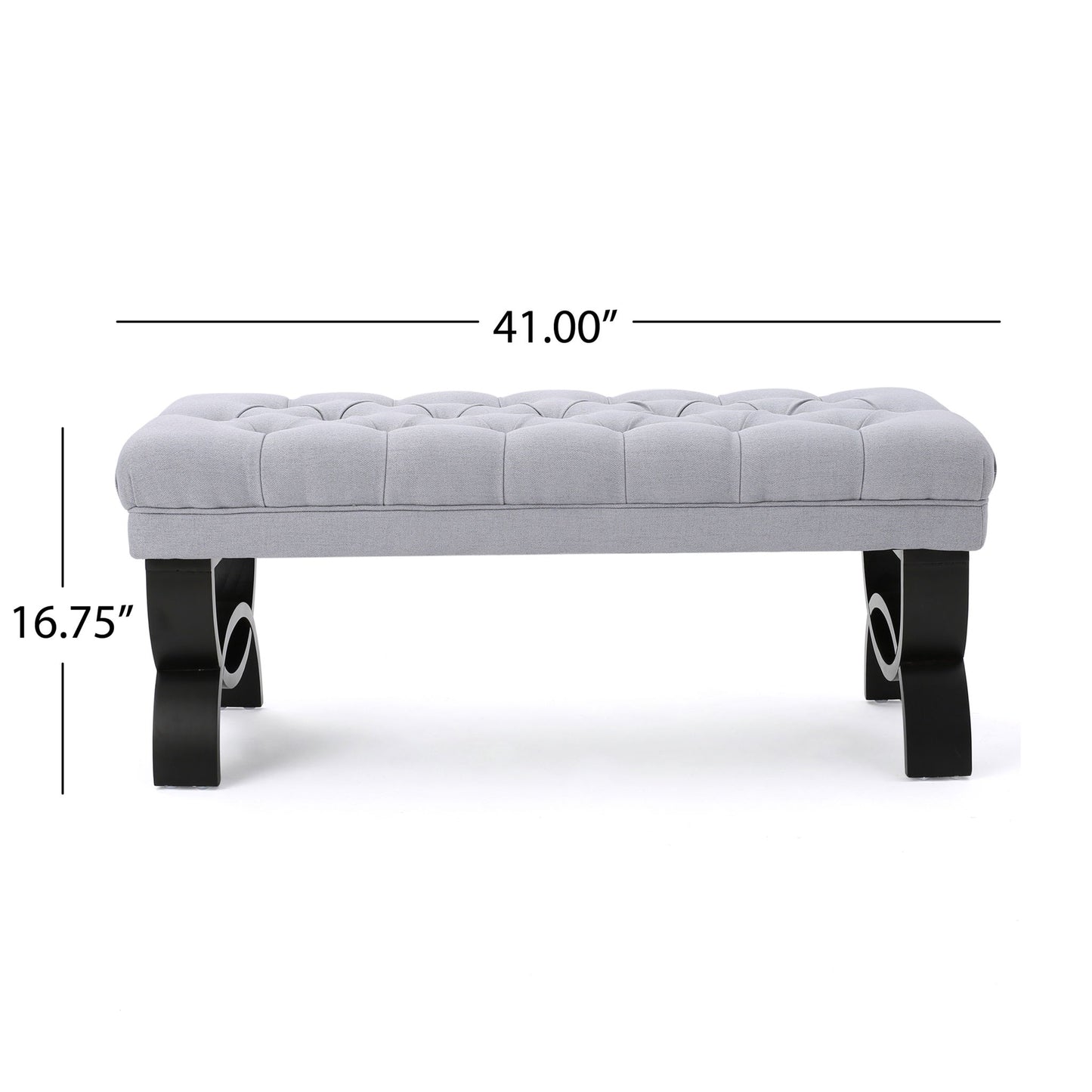 The Hilton Ottoman Bench features a classic style, gray upholstery with a tufted top, black curved legs, and measures 41"W x 16.75"H.