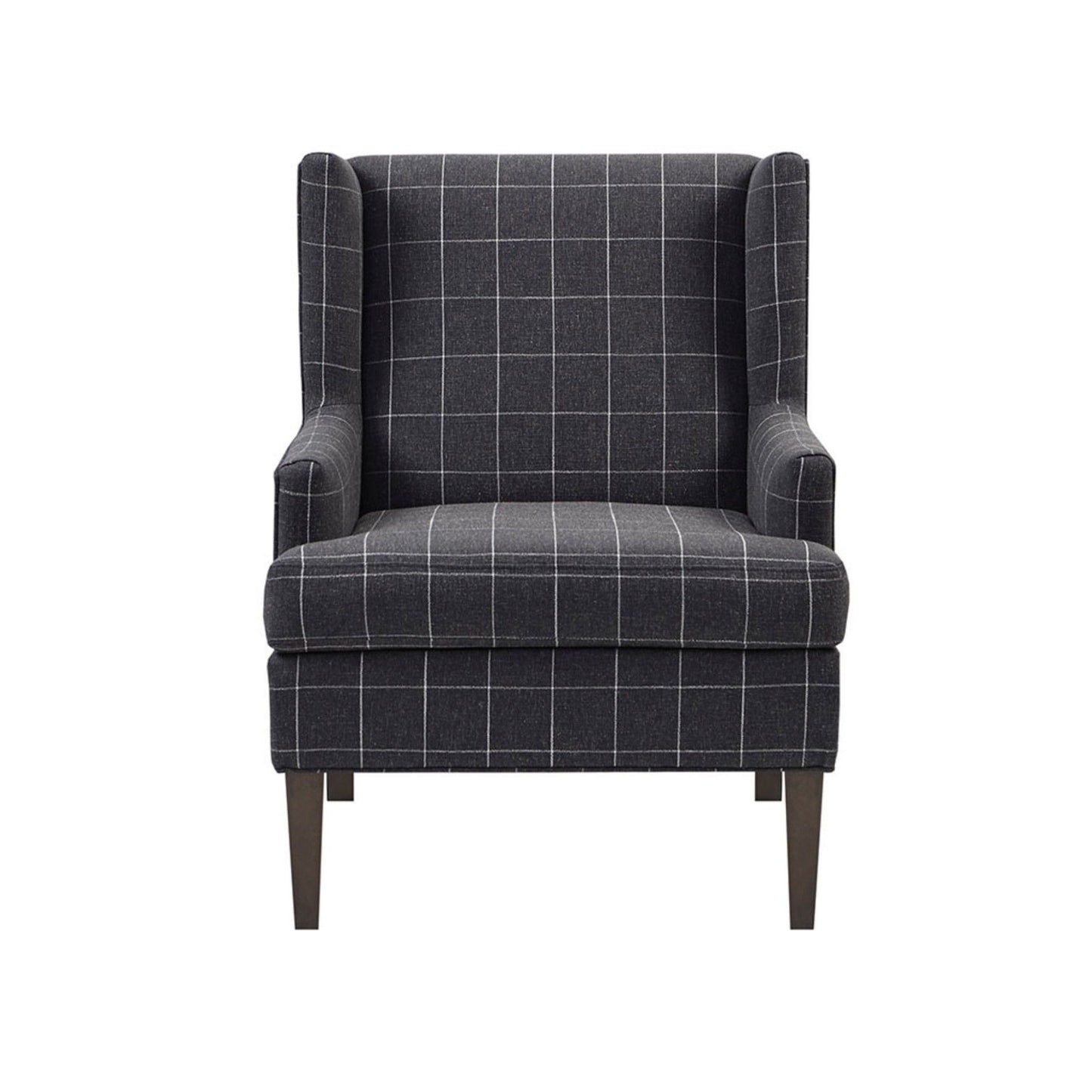 The Fancy Design, Farmhouse Accent Chair is a dark gray upholstered armchair with a white grid pattern, high back, winged sides, and dark wooden legs, shown against a white background.