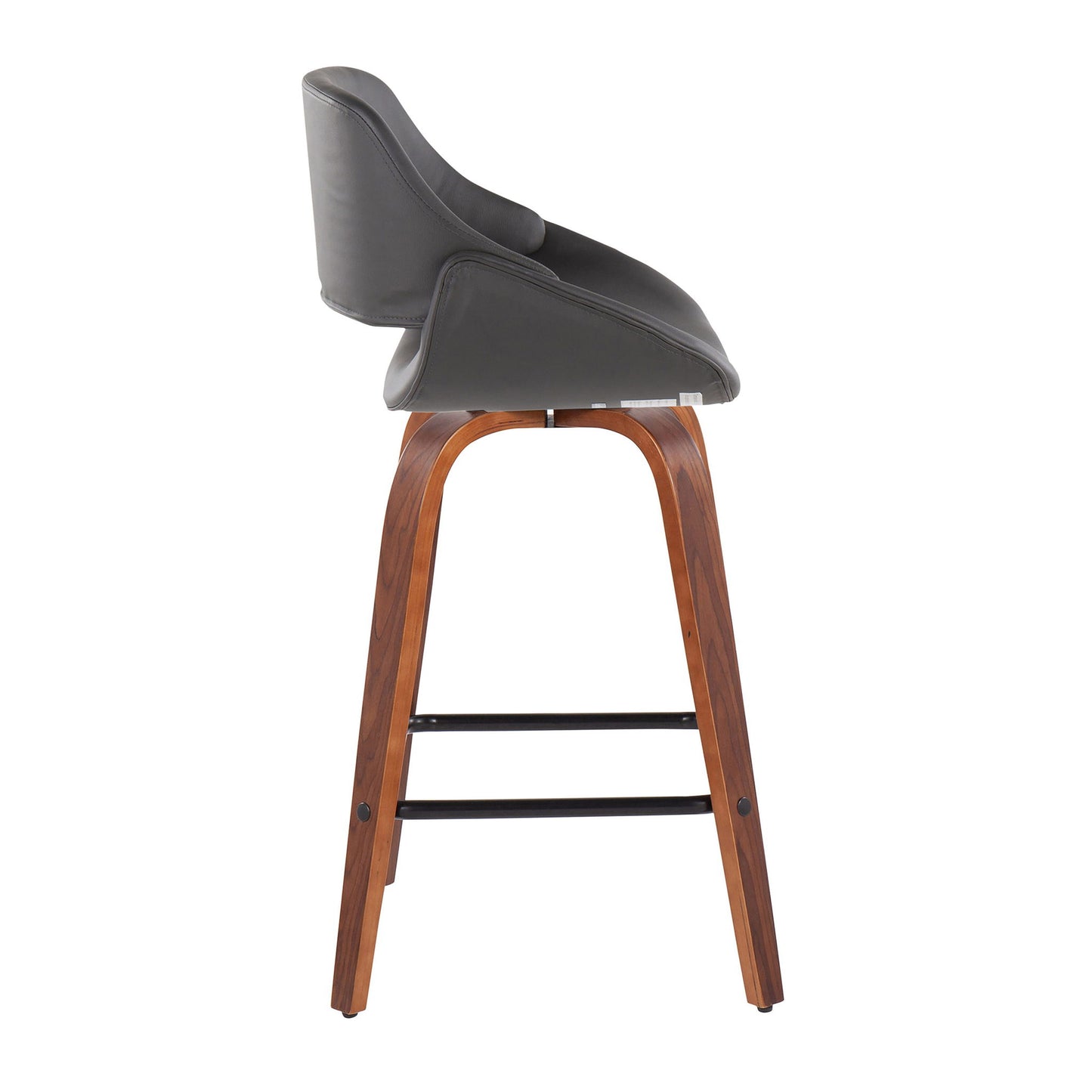 Side view of the Fabrico Mid-Century Modern Counter Stool (Set of 2), featuring a curved black cushioned seat and backrest, wooden legs, and black metal footrests, isolated on a white background.