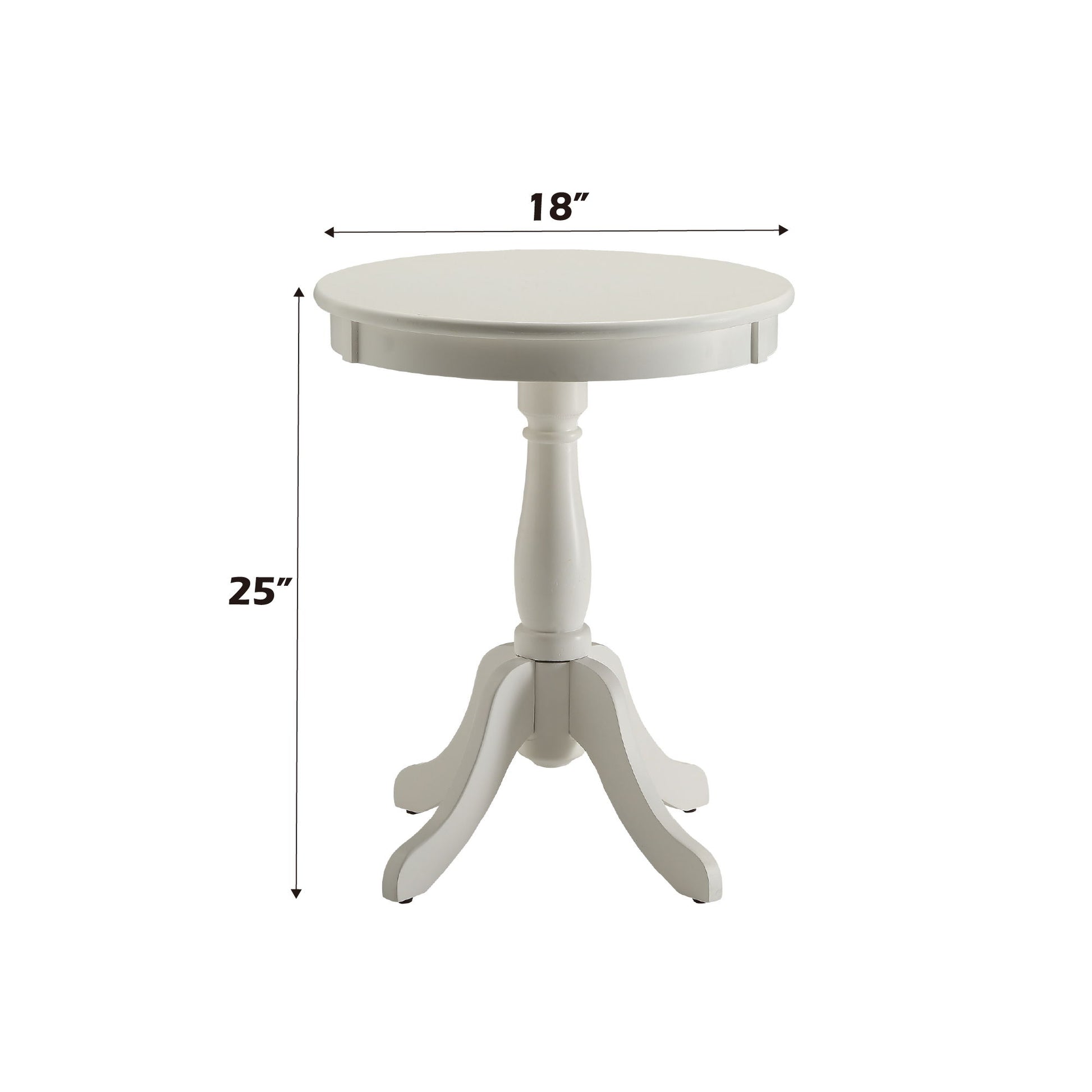 The Alger Accent Table in white features a small, round tabletop (18" diameter), pedestal base, and three curved legs. It stands 25" tall. Measurements are shown with arrows.