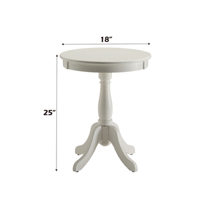 The Alger Accent Table in white features a small, round tabletop (18" diameter), pedestal base, and three curved legs. It stands 25" tall. Measurements are shown with arrows.