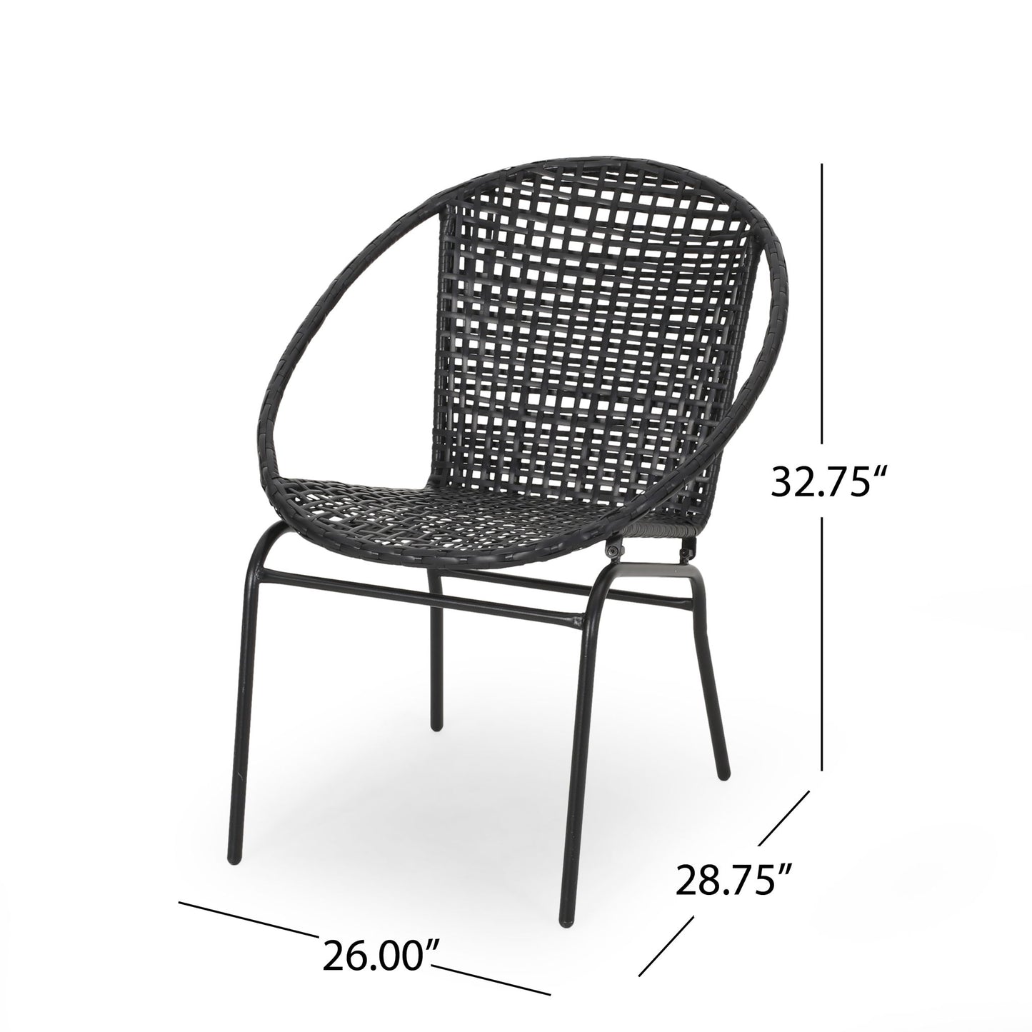 The Java Chair With Comfortable Design, shown at an angle, features a black woven finish, round back, and metal legs. Dimensions: 32.75" tall, 28.75" deep, and 26" wide are clearly labeled.