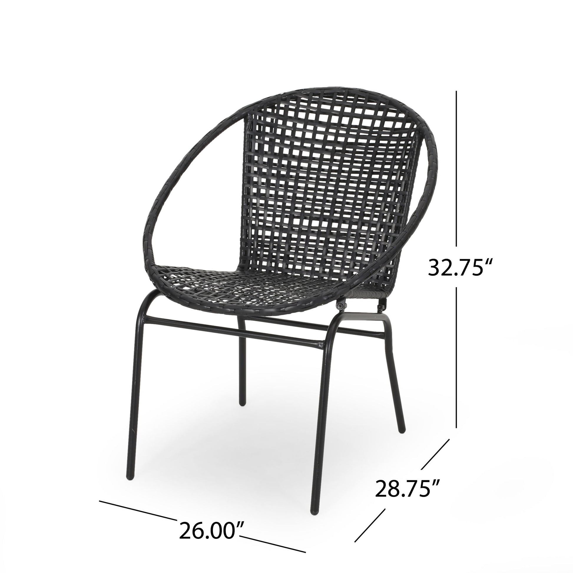 The Java Chair With Comfortable Design, shown at an angle, features a black woven finish, round back, and metal legs. Dimensions: 32.75" tall, 28.75" deep, and 26" wide are clearly labeled.