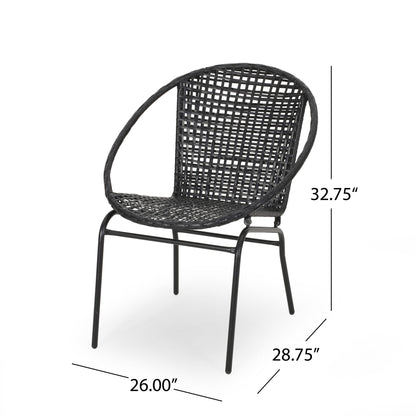 The Java Chair With Comfortable Design, shown at an angle, features a black woven finish, round back, and metal legs. Dimensions: 32.75" tall, 28.75" deep, and 26" wide are clearly labeled.