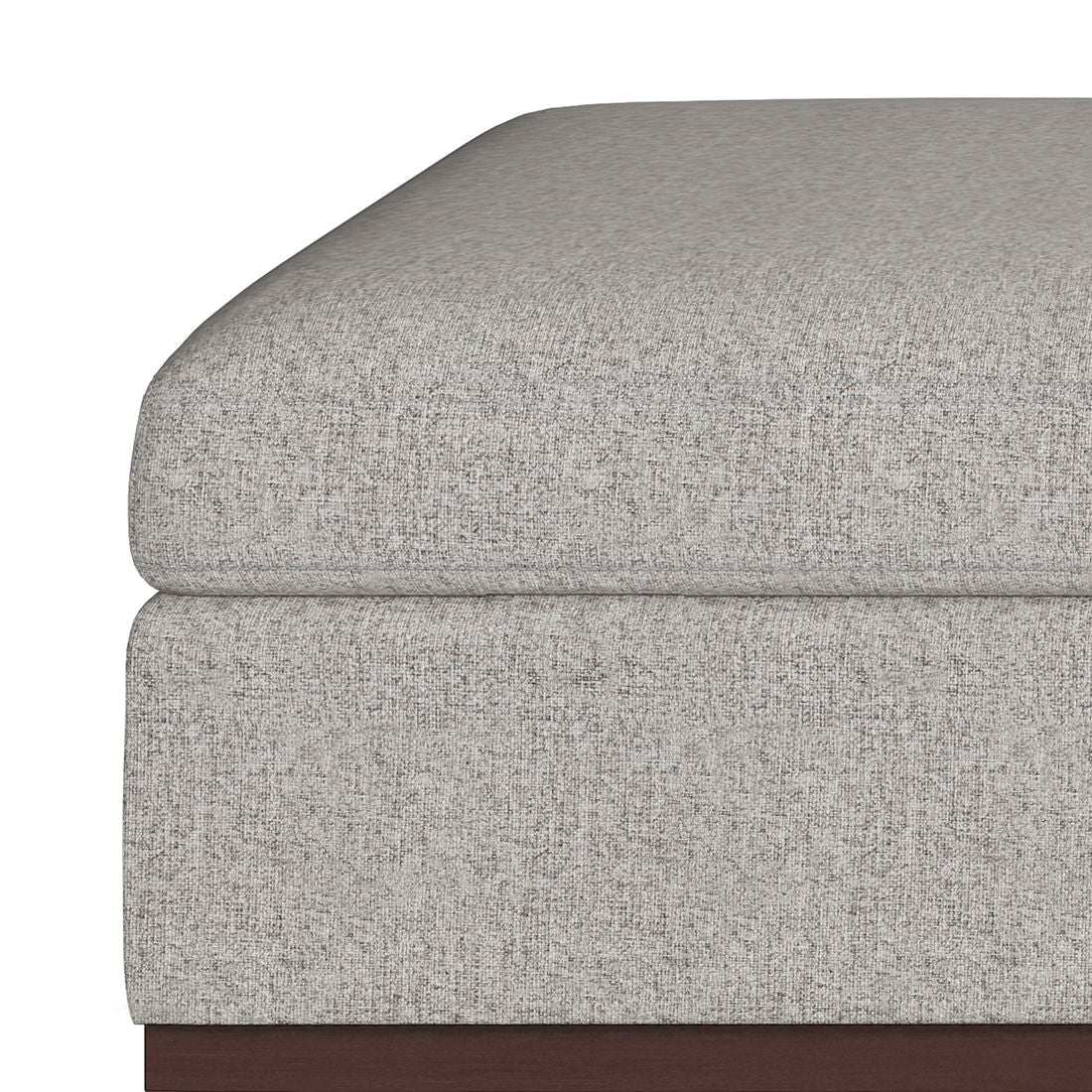 Close-up of the Owen Multifunctional Square Coffee Table Storage Ottoman, featuring a light gray textured cushion stacked on a dark wooden base, highlighting its clean lines and modern design.