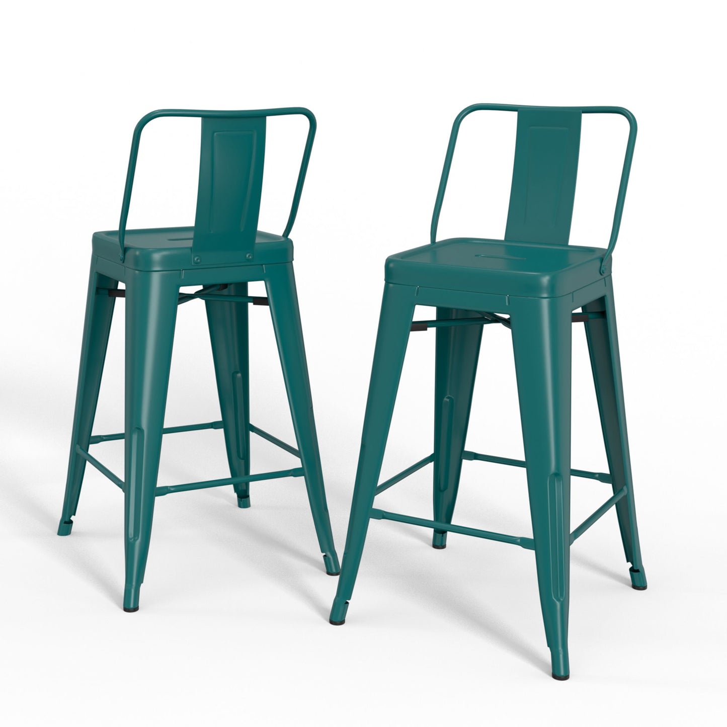 Two Rayne Multifunctional Metal Stools in teal, featuring backrests and footrests, are displayed on a white background—one facing forward and the other slightly angled to the side.