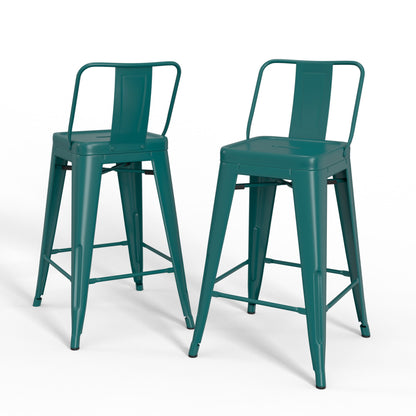 Two Rayne Multifunctional Metal Stools in teal, featuring backrests and footrests, are displayed on a white background—one facing forward and the other slightly angled to the side.