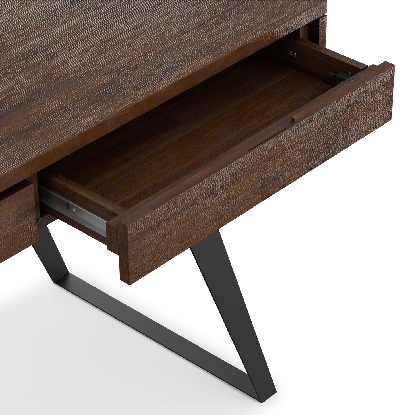 A close-up of the Lowry - Handcrafted Desk shows its textured wooden surface, open drawer, and outward-angled black metal legs.