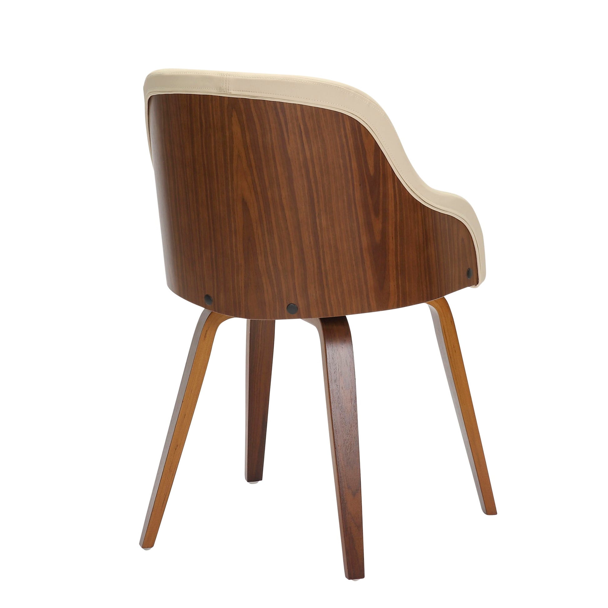 The Bacci - Mid Century Modern Dining Chair features a curved backrest with a beige upholstered top edge, shown from rear and side views. It has four angled wooden legs and a smooth wood grain finish for a stylish, contemporary look.